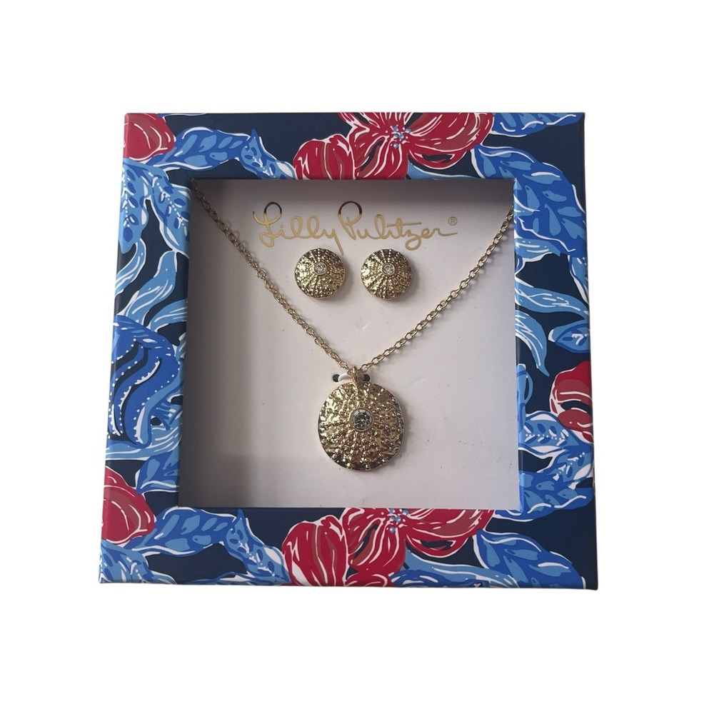 NWT Lilly Pulitzer Boxed Earring Necklace Set Low Tide Navy Goldtone Shell‎ Gift